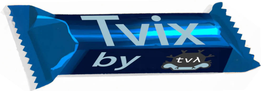 A candy bar in different shades of blue that says 'Tvix by TVL' on it